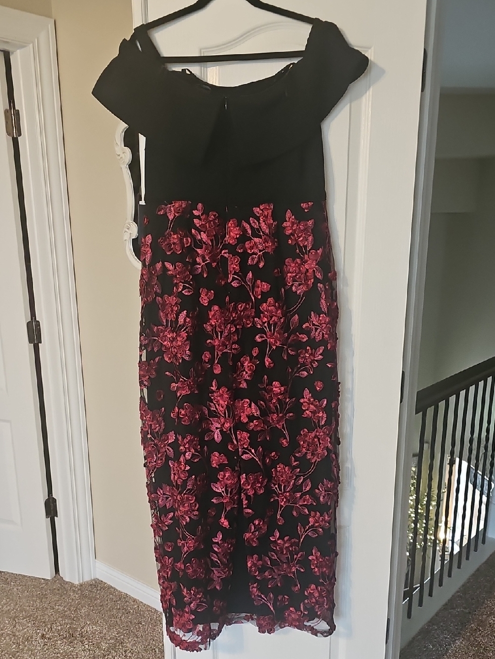 Adrianna Papell Black Gown with Red Floral Appliqué